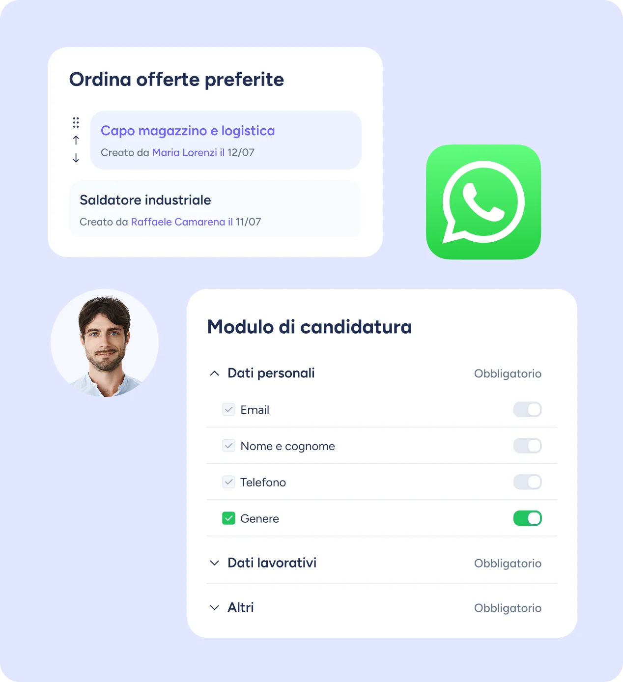 Mockup del software di recruiting con moduli e posizioni preferite