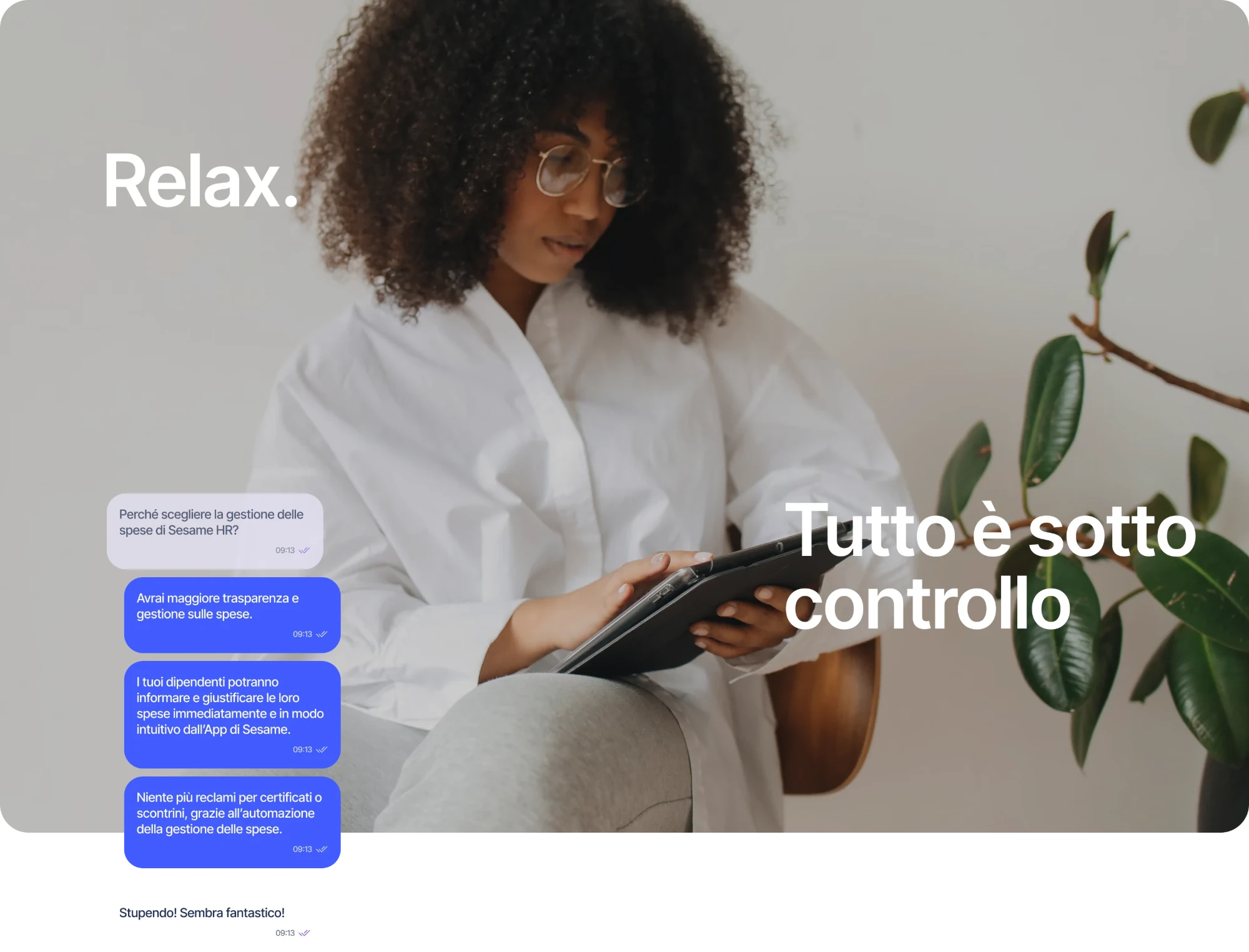 Relax, tutto è sotto controllo: dipendente che gestisce le spese dal tablet con Sesame HR
