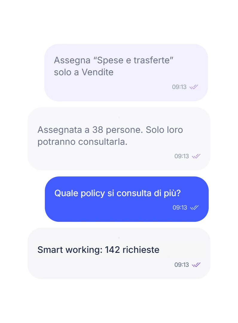 Assegna Spese e trasferte solo a Vendite: assegnata a 38 persone. Quale policy si consulta di più? Smart working: 142 richieste.