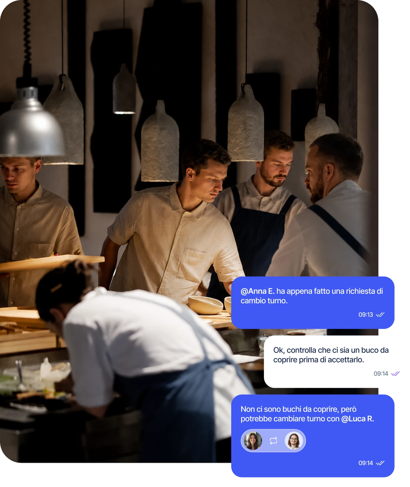 Team di un ristorante che coordina i cambi turno via chat