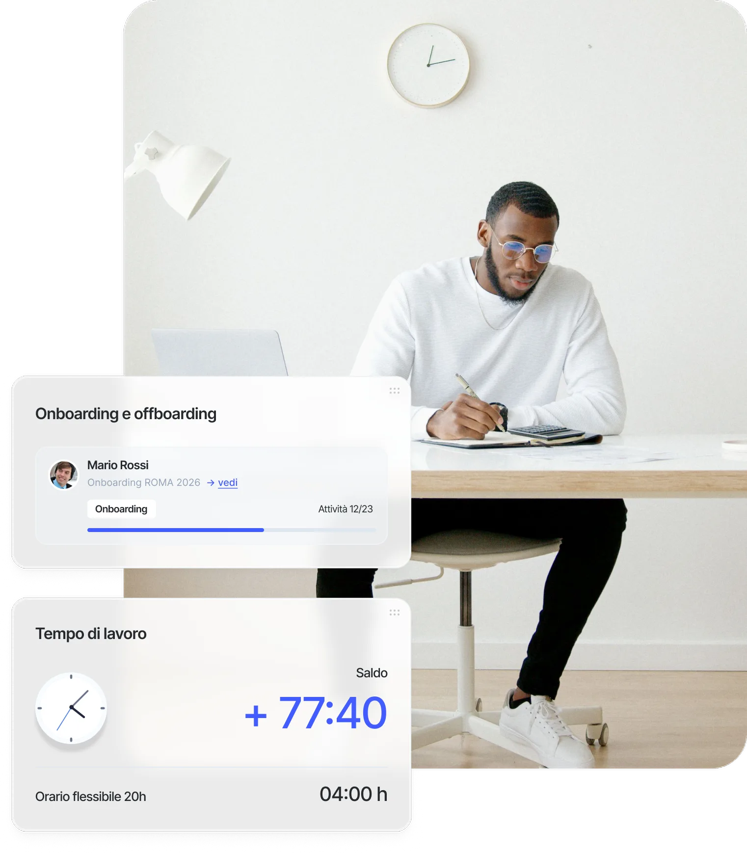 Pannello del dipendente di Sesame HR con onboarding e tempo di lavoro