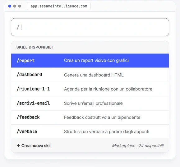 Palette delle skill di Sesame Studio con le scorciatoie che il team salva e riutilizza