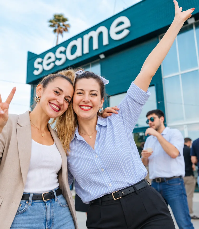 Due colleghe di Sesame HR davanti alla facciata degli uffici