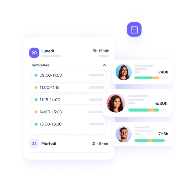 Interfaccia digitale con elenco delle presenze dei dipendenti e indicatori orari.